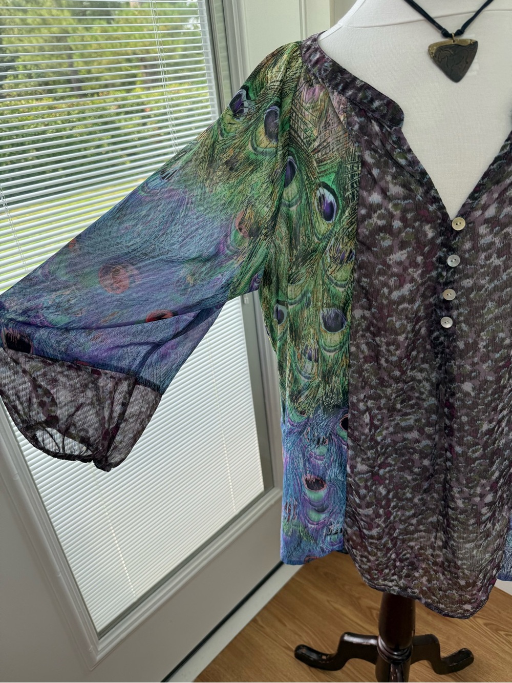 Anthropology Fig and Flower Peacock Feather Print Sheer Blouse Top - Picture 5 of 9
